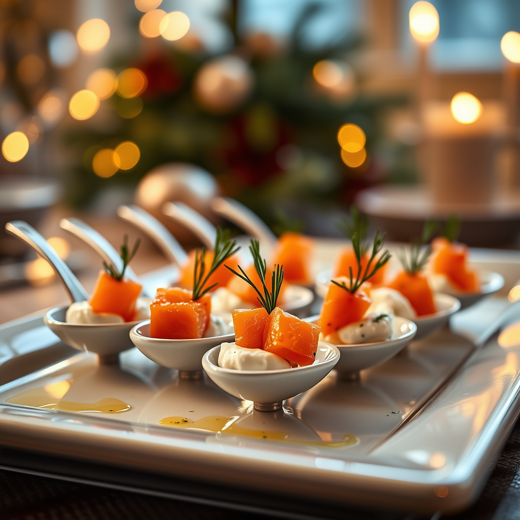 Cucharitas de aperitivo con dados de salmón marinado sobre crema de queso y eneldo, decoradas con huevas de salmón y ramitas de eneldo, presentadas en una bandeja elegante para Nochebuena