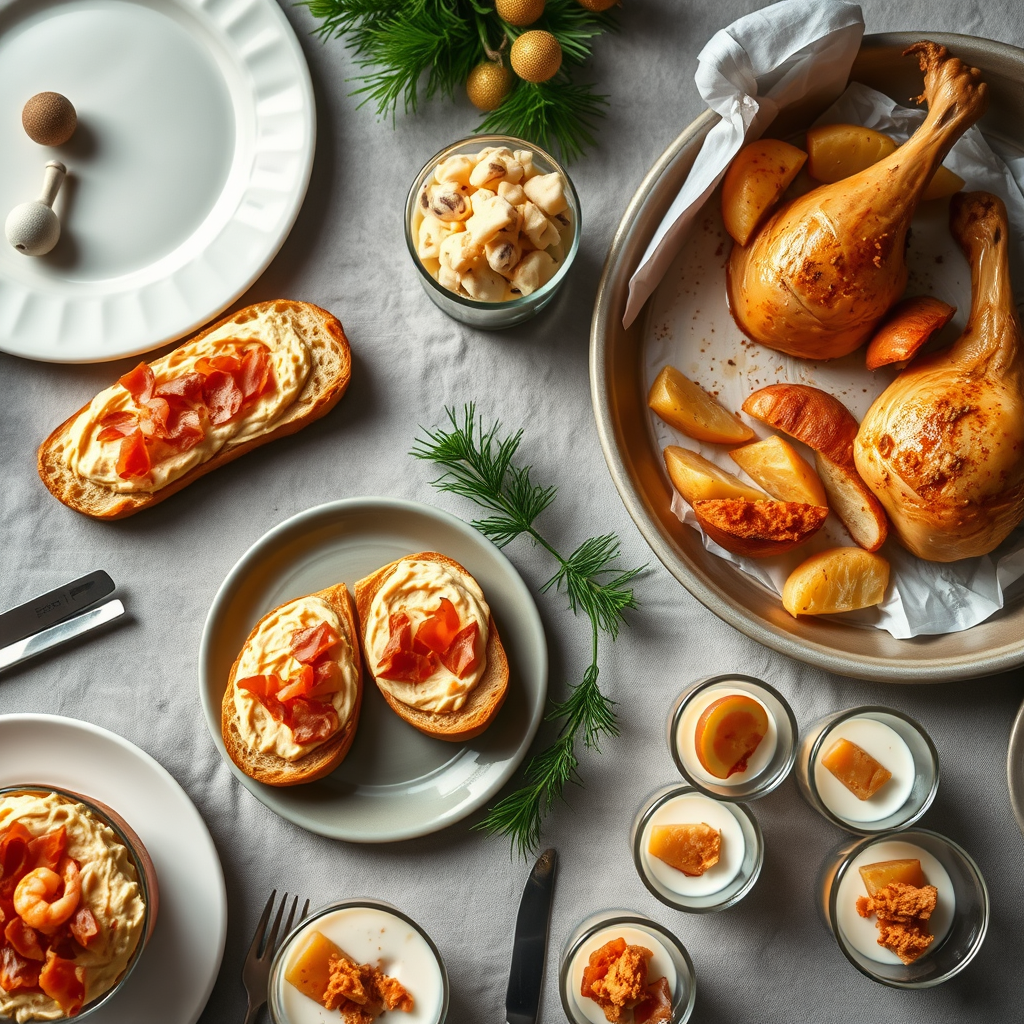 Mesa de cena de Nochevieja rápida y económica con menú completo para cuatro personas: tostas de hummus con jamón crujiente, vasitos individuales de ensaladilla de pescado, muslos de pollo al horno con patatas y salsa de limón y ajo, y vasitos de yogur con manzana caramelizada