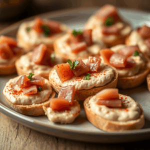 Primer plano de tostas de hummus de garbanzo con pimentón y jamón crujiente sobre pan de baguette, presentadas como entrante festivo